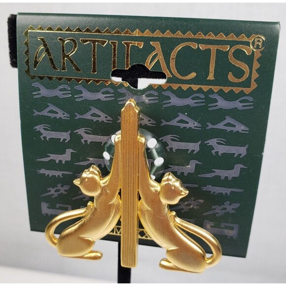 Vintage 1986 JJ Jonette Gold Tone Cat BookEnds Artifacts Brooch - Picture 4 of 7